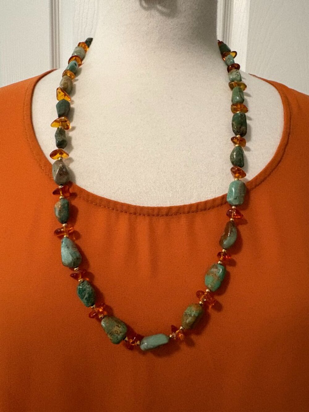 Vintage Lee Sands Turquoise and Baltic Amber Chip Necklace 28 Inches